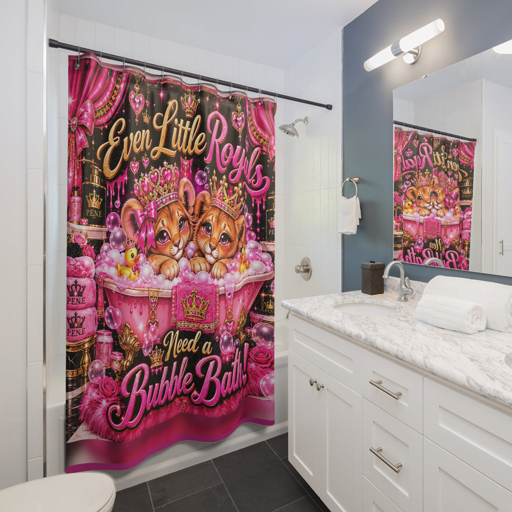 Shower Curtain — "Even Little Royals Need a Bubble Bath" Cute Princess Lion Cubs Bathroom Decor