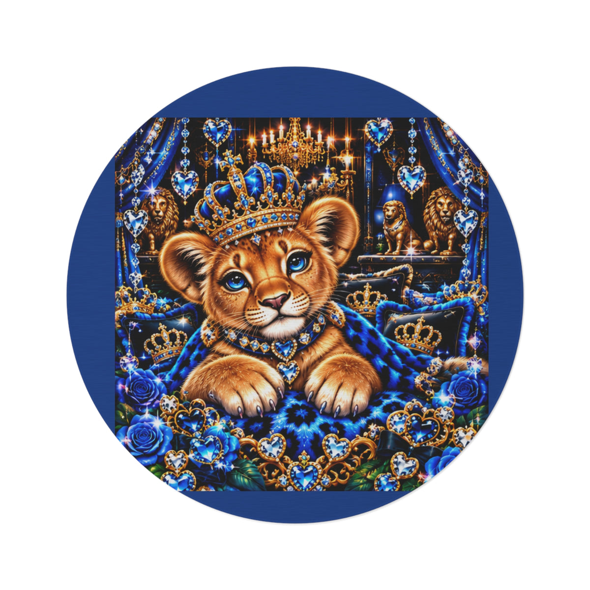 Royal Baby Lion Round Rug — Blue Crowned Cub Decorative Floor Mat