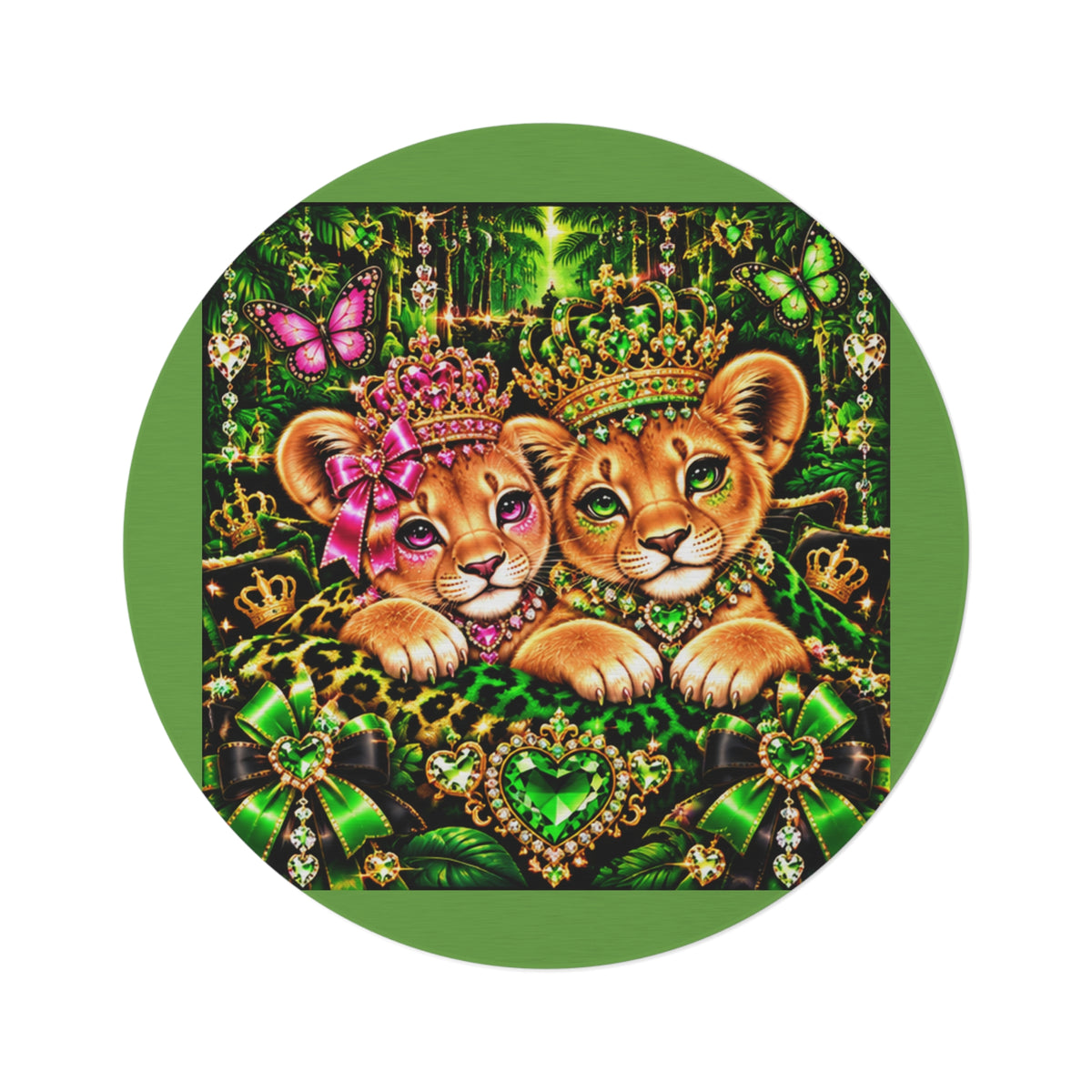 Royal Green Lion Cubs Round Rug