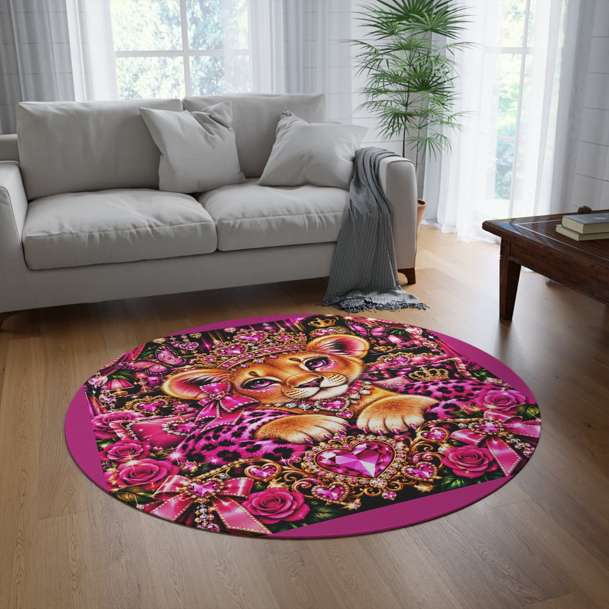 Princess Lion Cub Round Rug — Pink Jewel Crown Kids Room Floor Mat