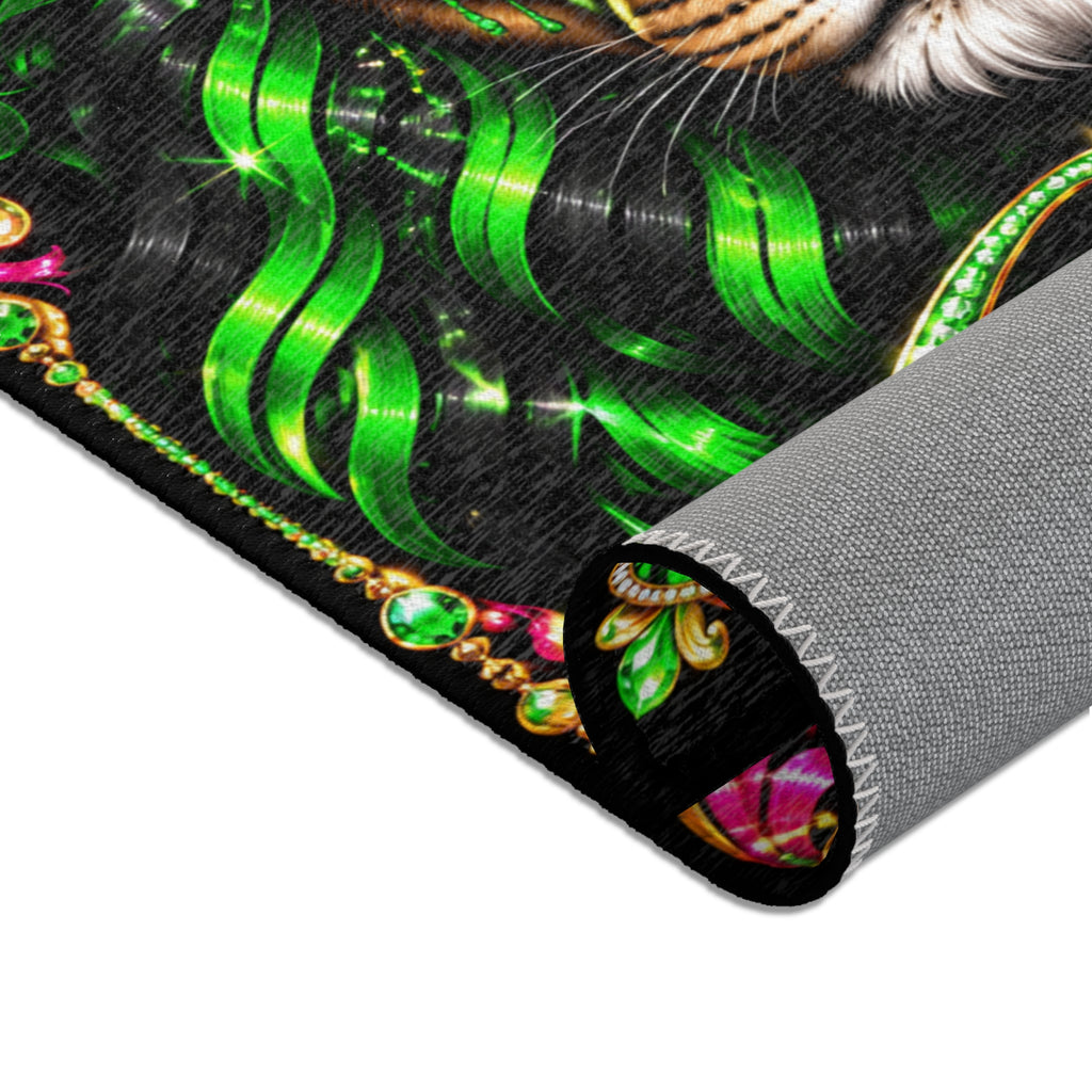 Regal Lion 'His' Area Rug — Bold Green & Pink Crowned Decorative Accent Rug