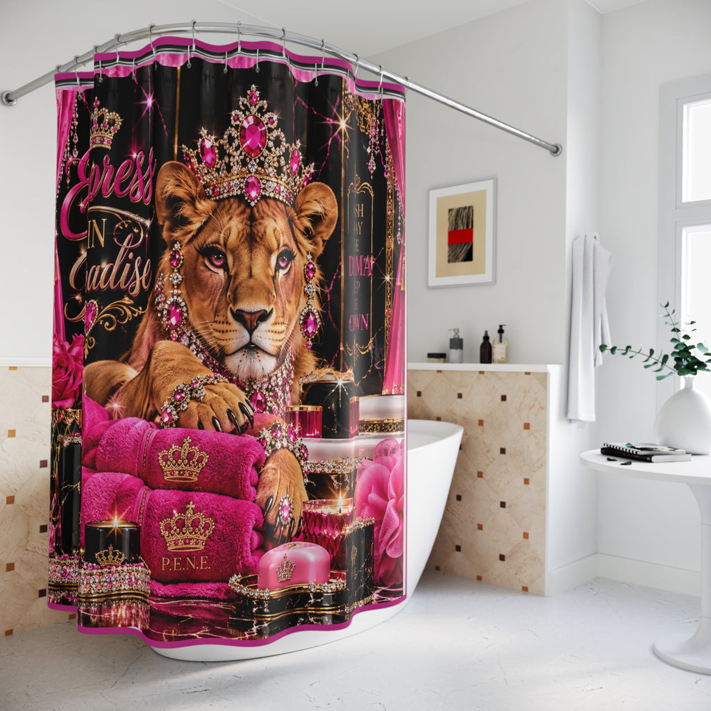 Empress in Paradise Lioness Shower Curtain — Glam Pink Crowned Safari Bath Decor