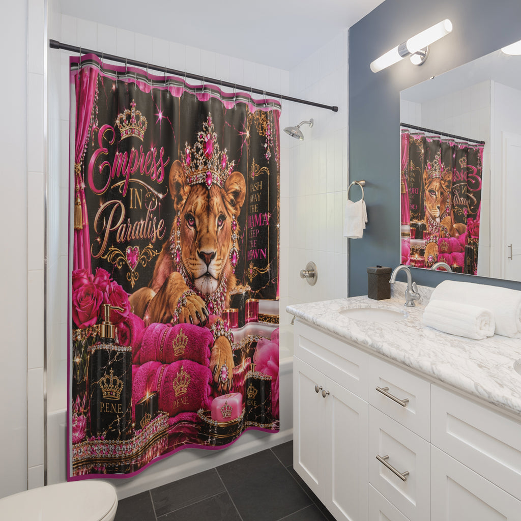 Empress in Paradise Lioness Shower Curtain — Glam Pink Crowned Safari Bath Decor