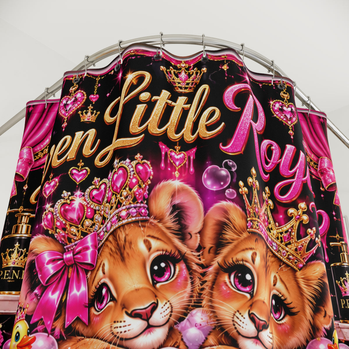 Shower Curtain — "Even Little Royals Need a Bubble Bath" Cute Princess Lion Cubs Bathroom Decor