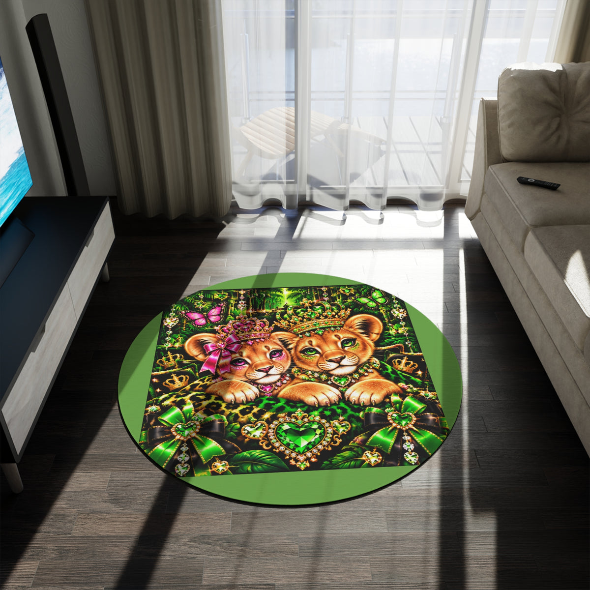 Royal Green Lion Cubs Round Rug