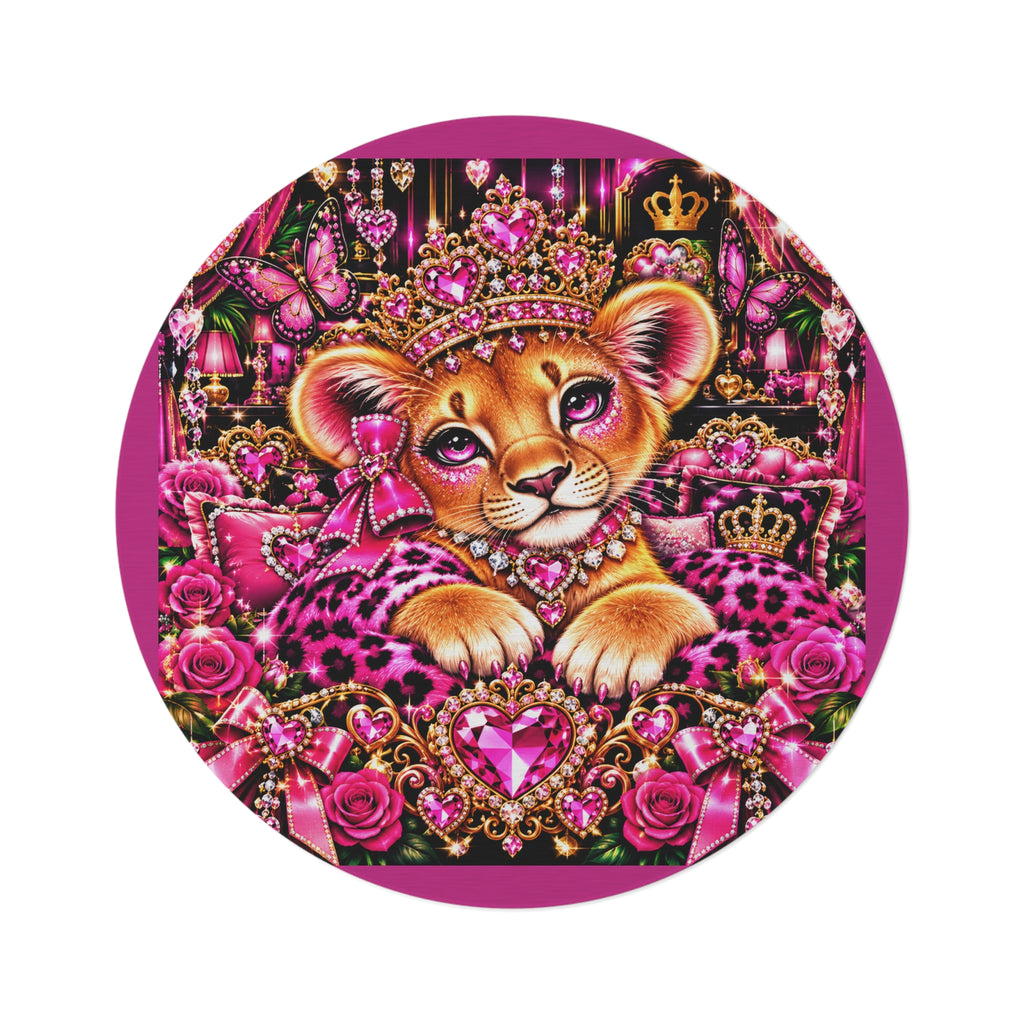 Princess Lion Cub Round Rug — Pink Jewel Crown Kids Room Floor Mat