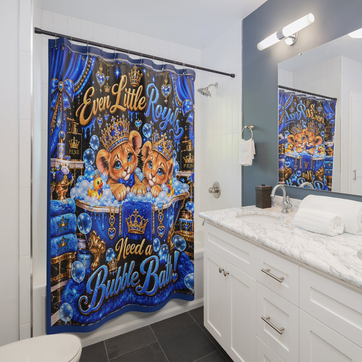 Shower Curtain — "Even Little Royals Need a Bubble Bath" Cute Lion Cubs Bathroom Decor