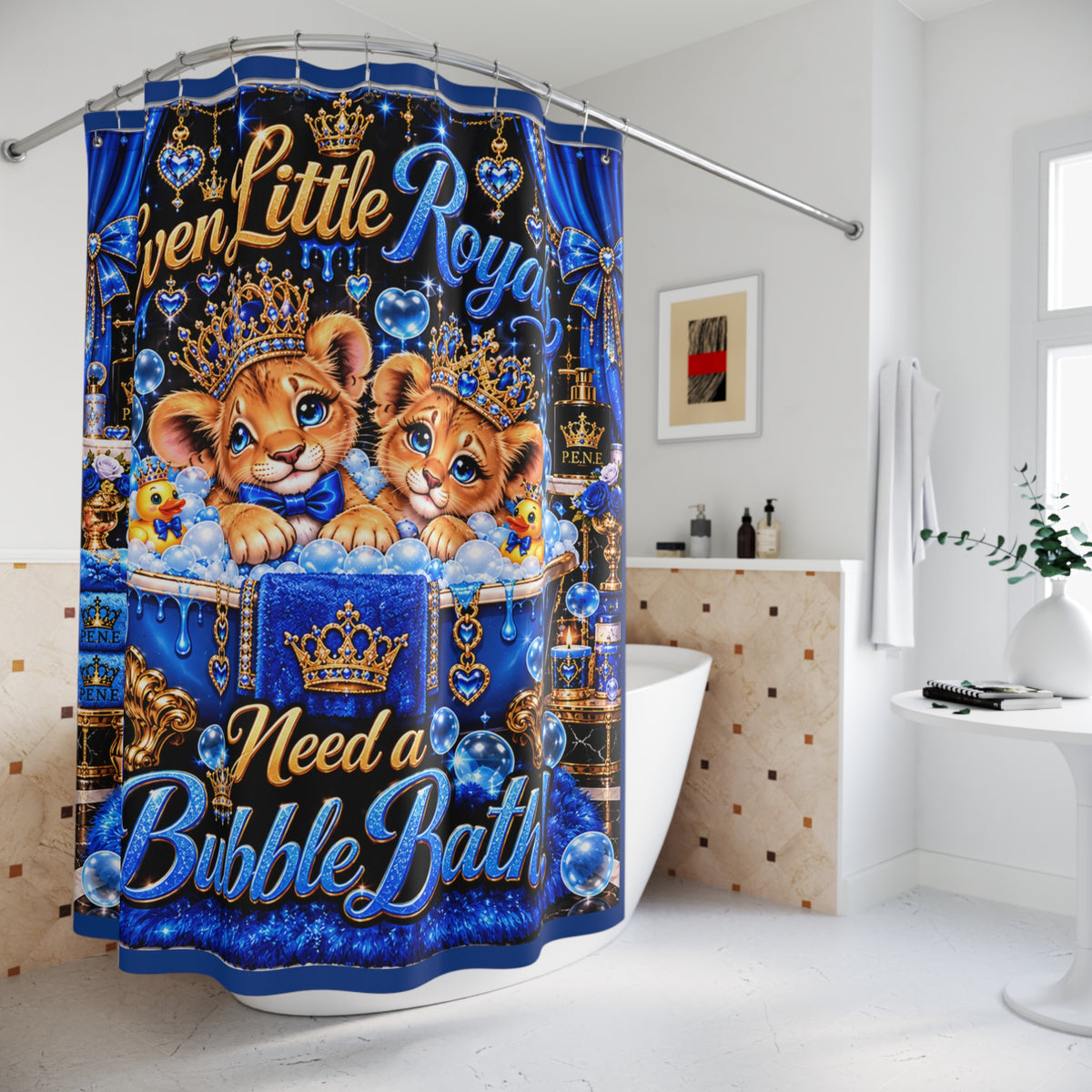 Shower Curtain — "Even Little Royals Need a Bubble Bath" Cute Lion Cubs Bathroom Decor