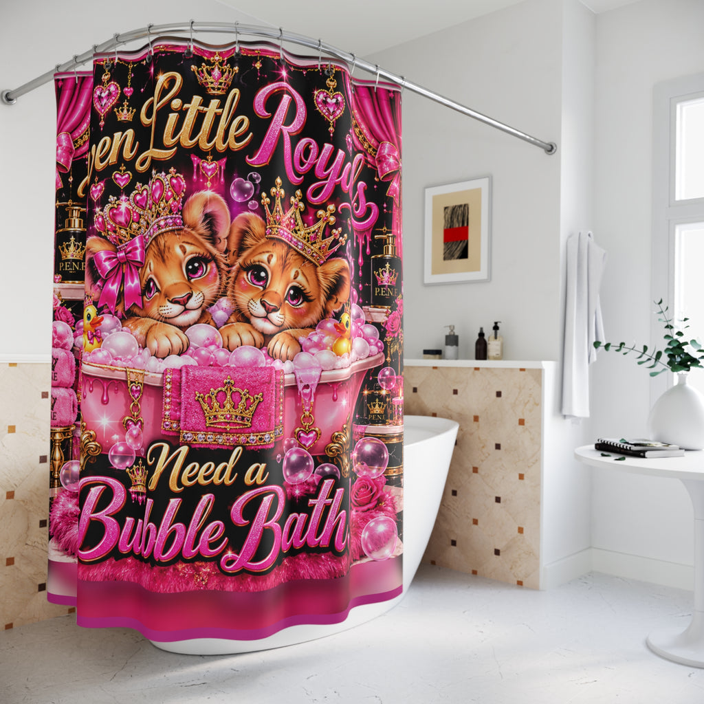 Shower Curtain — "Even Little Royals Need a Bubble Bath" Cute Princess Lion Cubs Bathroom Decor