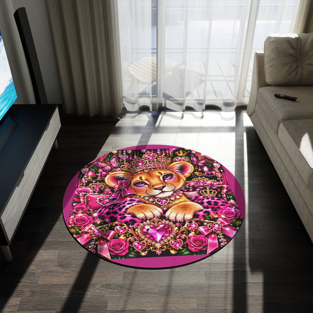 Princess Lion Cub Round Rug — Pink Jewel Crown Kids Room Floor Mat