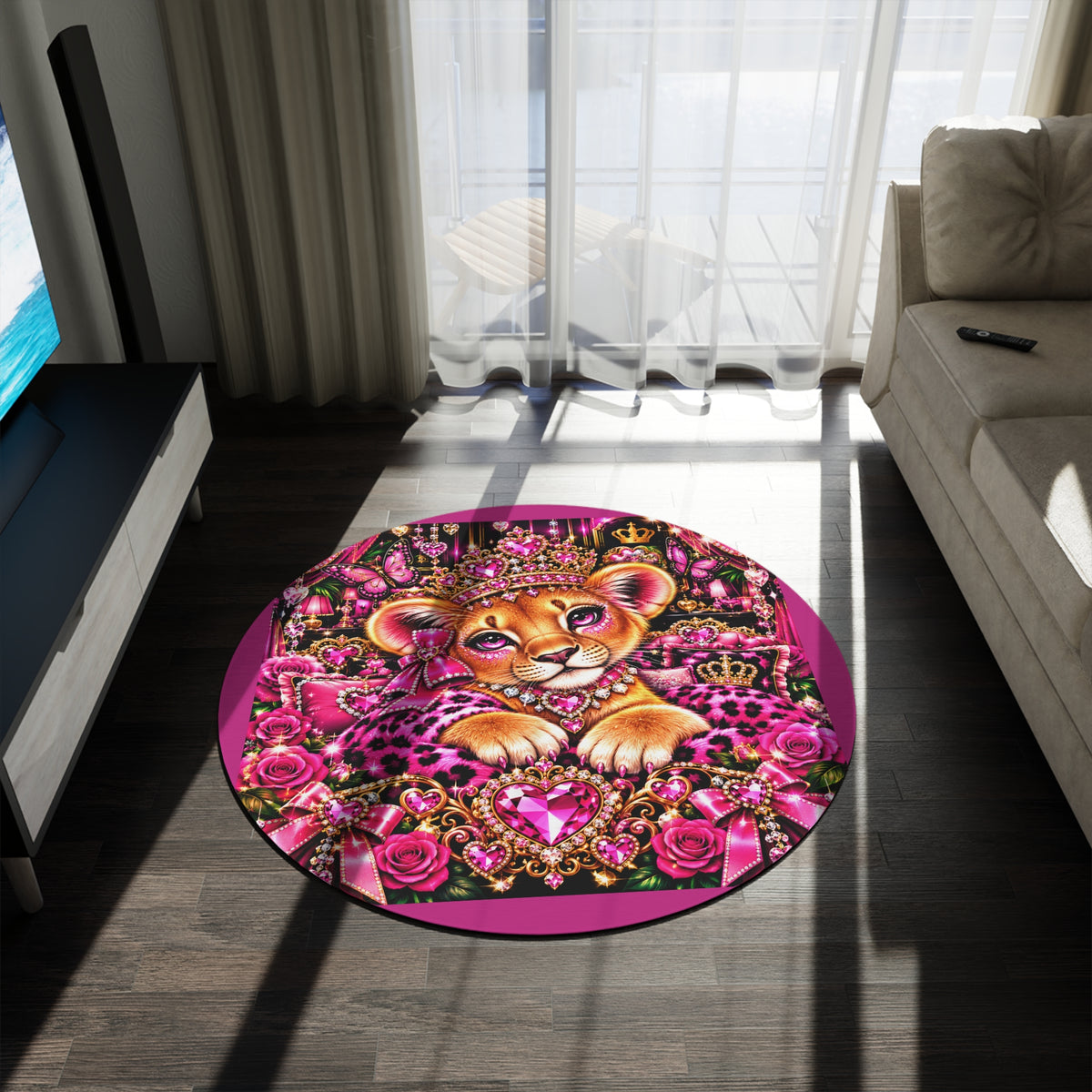 Princess Lion Cub Round Rug — Pink Jewel Crown Kids Room Floor Mat