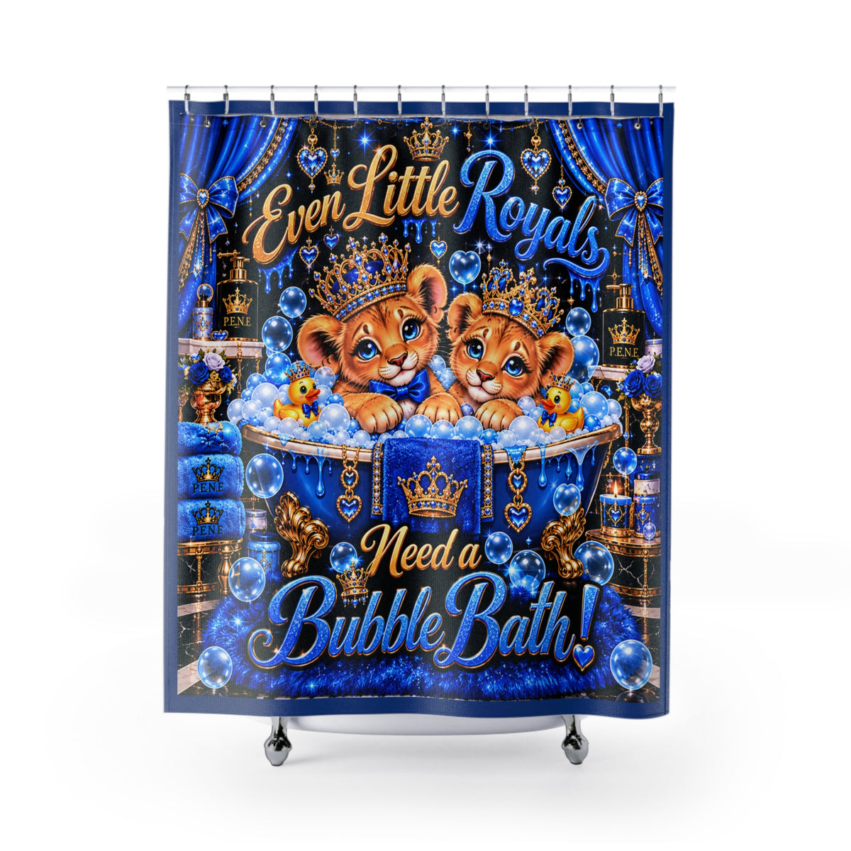 Shower Curtain — "Even Little Royals Need a Bubble Bath" Cute Lion Cubs Bathroom Decor