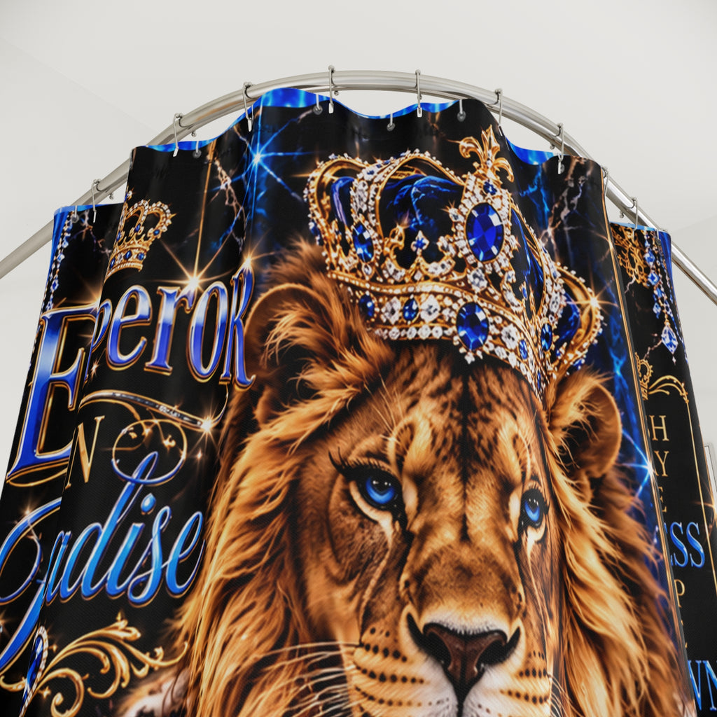 Regal Lion Shower Curtain — "Emperor in Paradise" Blue Crown Bath Decor
