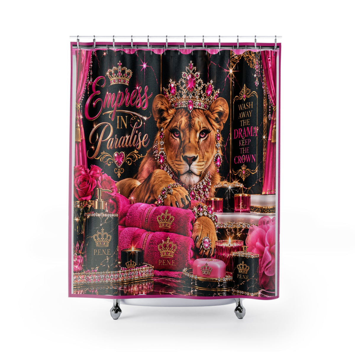 Empress in Paradise Lioness Shower Curtain — Glam Pink Crowned Safari Bath Decor