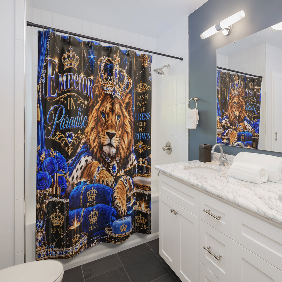 Regal Lion Shower Curtain — "Emperor in Paradise" Blue Crown Bath Decor