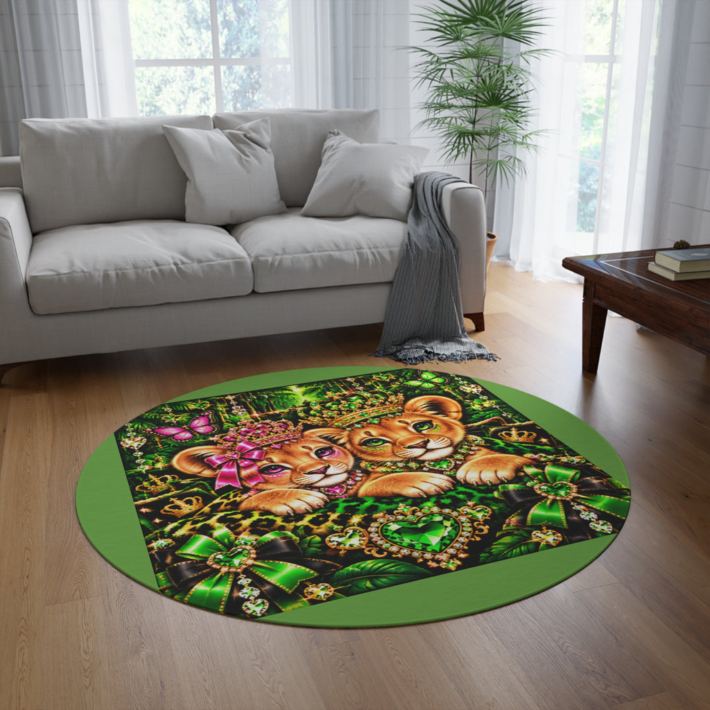 Royal Green Lion Cubs Round Rug