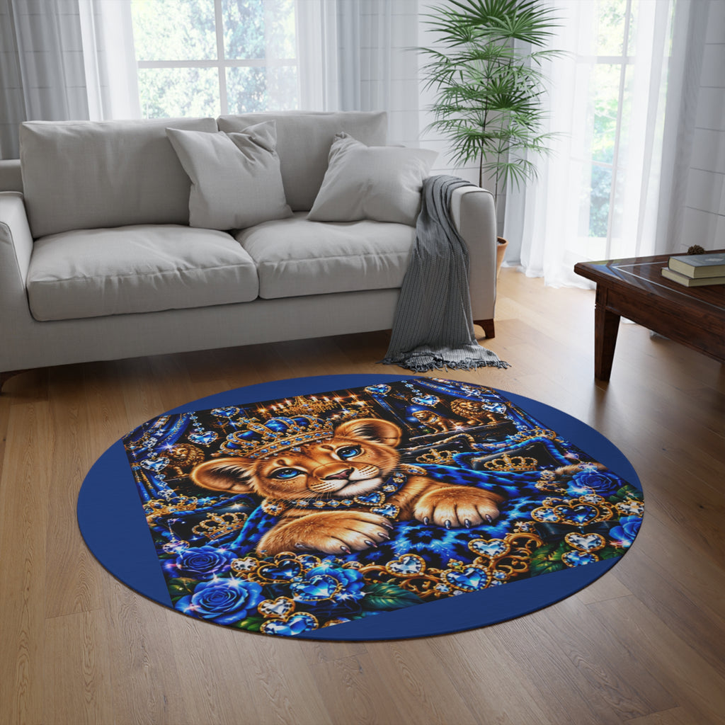 Royal Baby Lion Round Rug — Blue Crowned Cub Decorative Floor Mat