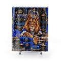 Regal Lion Shower Curtain — "Emperor in Paradise" Blue Crown Bath Decor