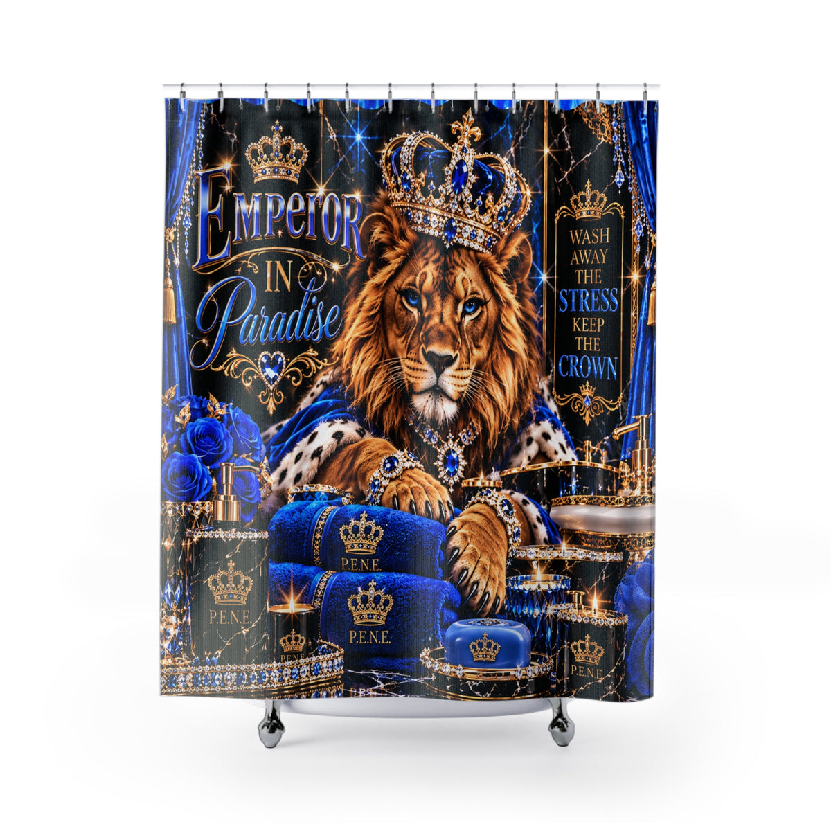 Regal Lion Shower Curtain — "Emperor in Paradise" Blue Crown Bath Decor