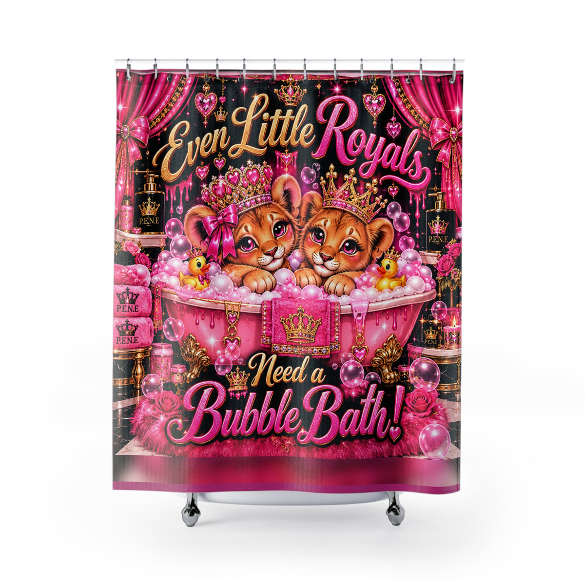 Shower Curtain — "Even Little Royals Need a Bubble Bath" Cute Princess Lion Cubs Bathroom Decor