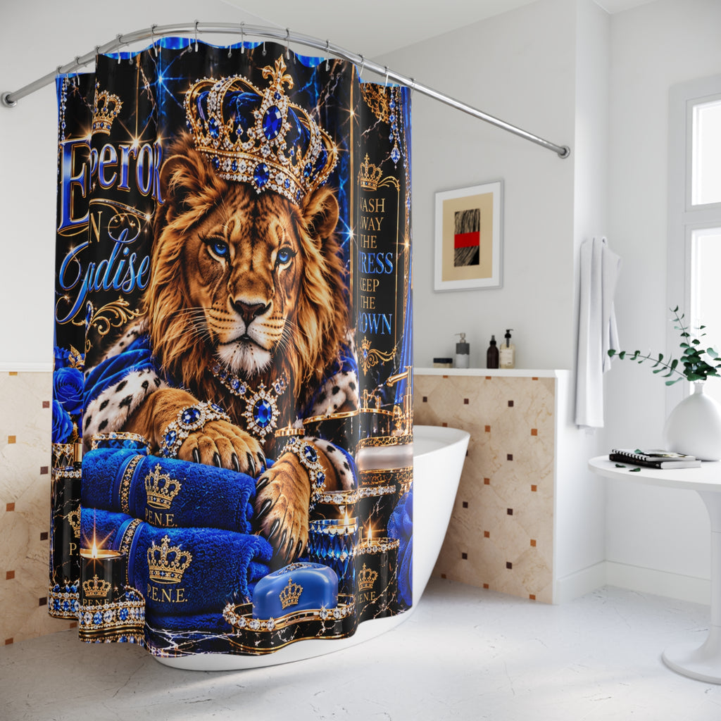 Regal Lion Shower Curtain — "Emperor in Paradise" Blue Crown Bath Decor