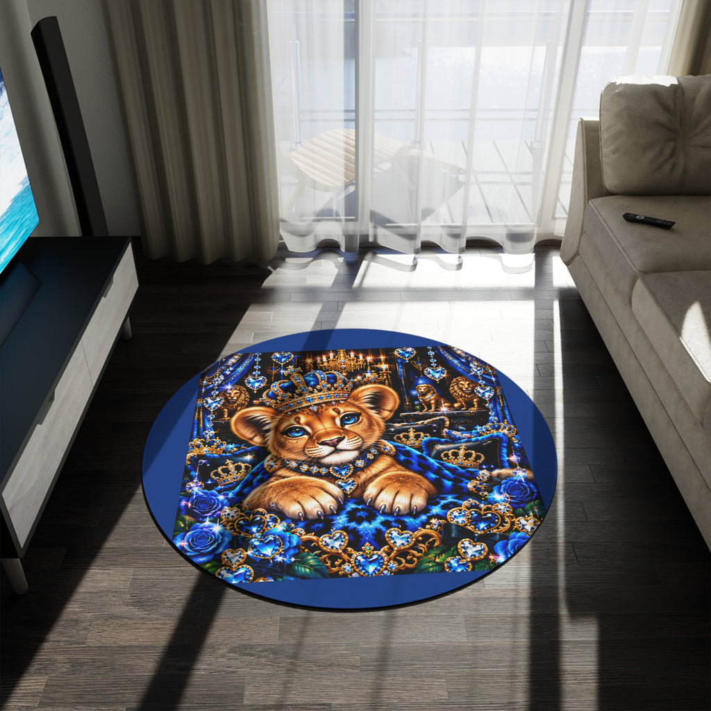 Royal Baby Lion Round Rug — Blue Crowned Cub Decorative Floor Mat