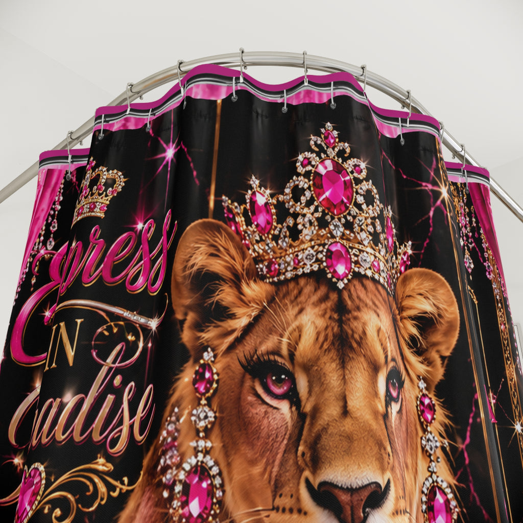 Empress in Paradise Lioness Shower Curtain — Glam Pink Crowned Safari Bath Decor