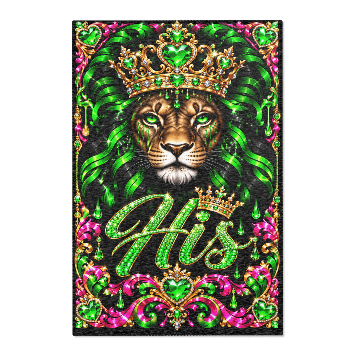 Regal Lion 'His' Area Rug — Bold Green & Pink Crowned Decorative Accent Rug