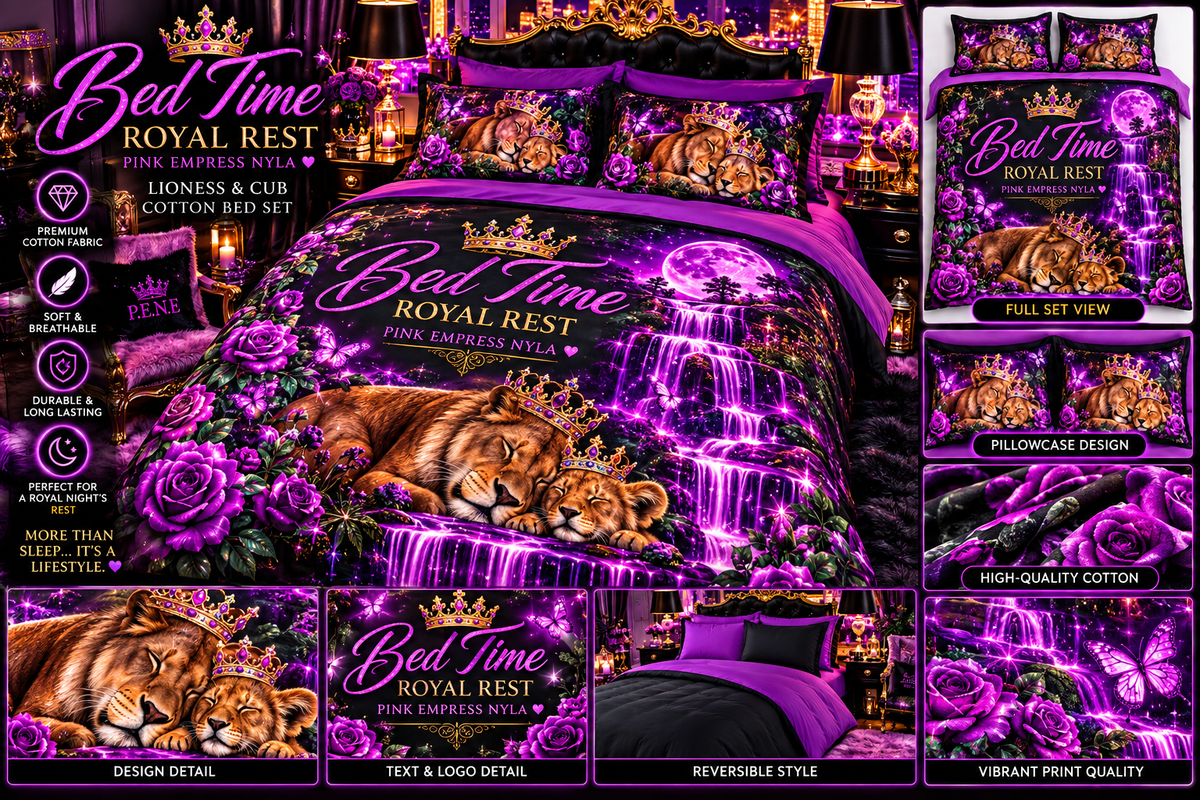 Bed Set - "Bed Time" Purple Lioness & Cub Cotton Duvet Cover Set
