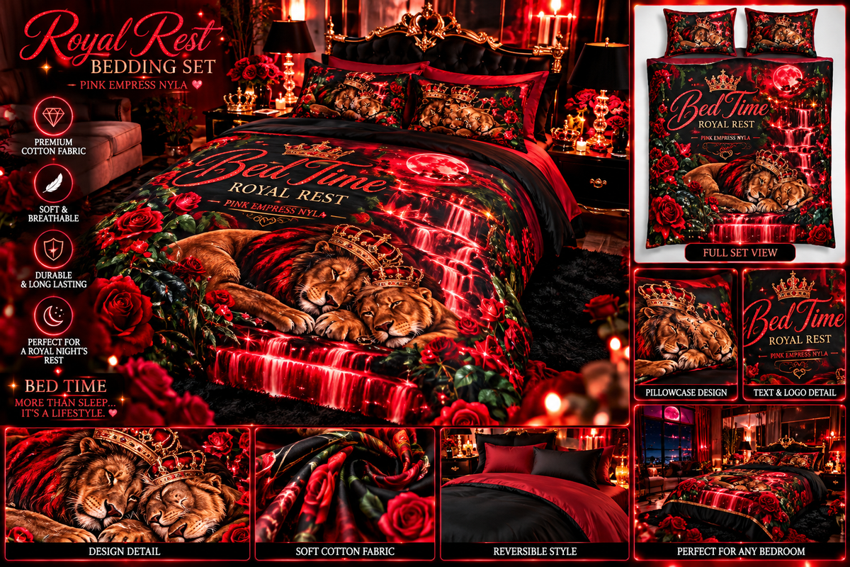 Royal Rest Cotton Bed Set – 'Bed Time' Lion Couple Bedding with Red Waterfall & Roses