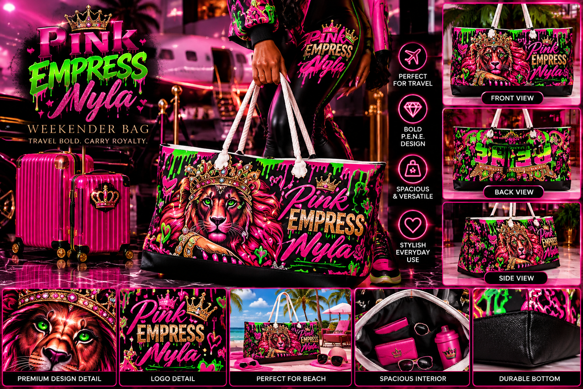 Pink Empress Weekender Bag — Bold Neon Lion Tote for Travel & Beach
