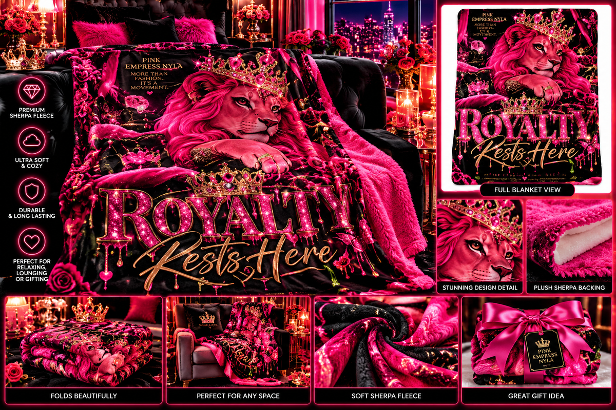 Royalty Rests Here Sherpa Blanket — Pink Lion Queen Cozy Throw