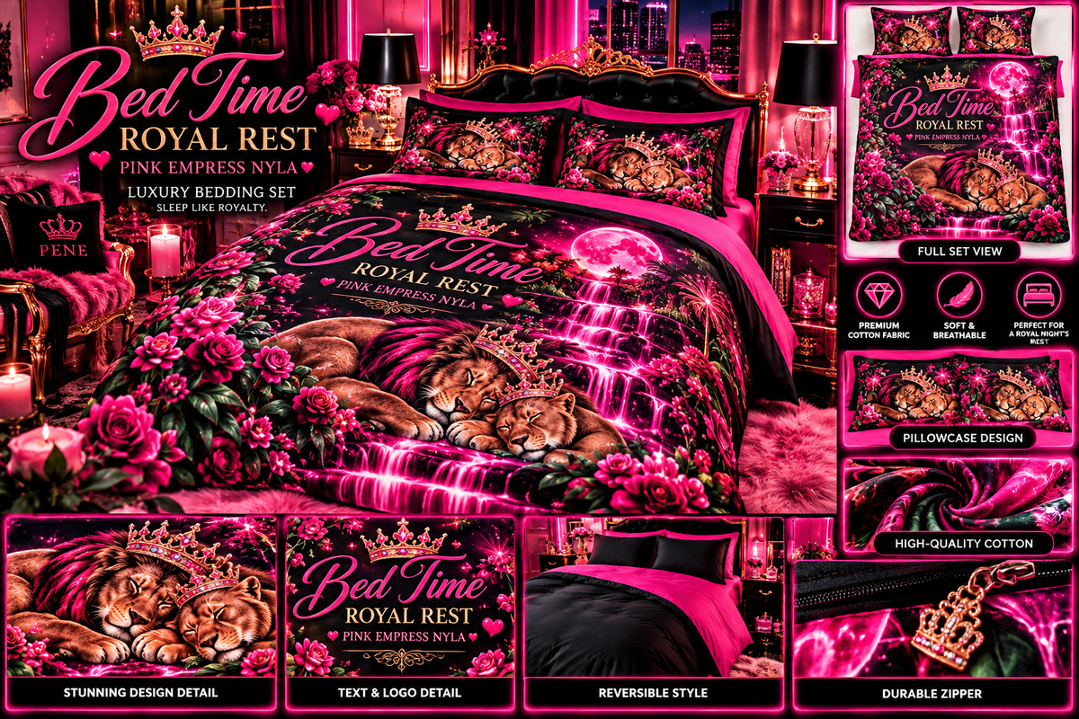 Bedspread — "Bed Time Royal Rest" Cotton Duvet Cover Set with Sleeping Lions & Waterfall