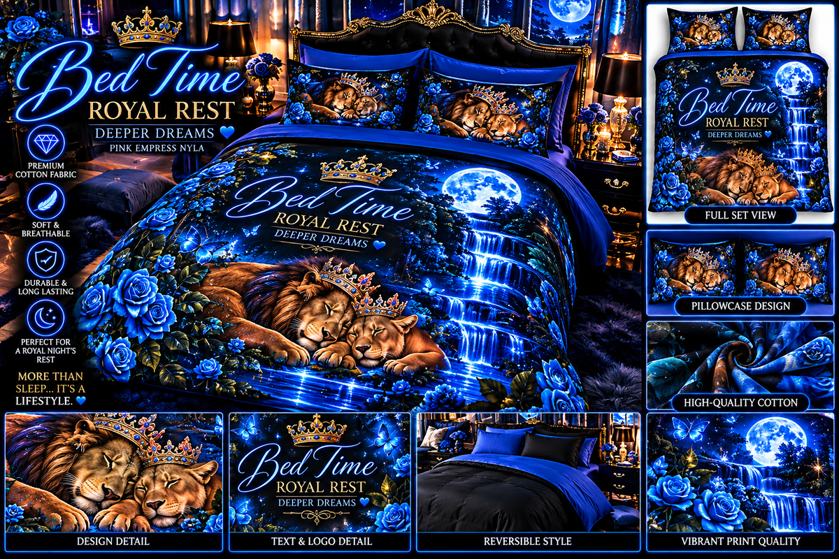 Bed Set - 'Bed Time' Lion Couple Cotton Duvet Cover Set (Royal Rest, Deeper Dreams)